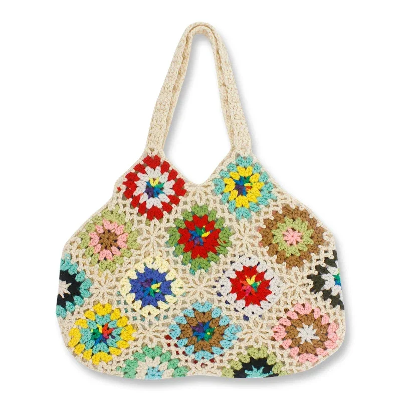 

Female Granny Squares Crochet Eyelet Net Aesthetic Cottage Slouchy Bag Women Y2K Knitted Bohemian Boho Chic Ibiza Fish Beach Bag