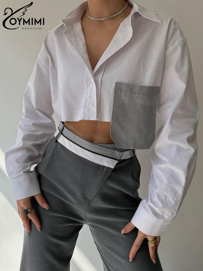 Oymimi Fashion Loose Patchwork 2 Piece Sets Women Outfit Elegant Long Sleeve Crop Shirt With High Waist Pants Set Streetwear