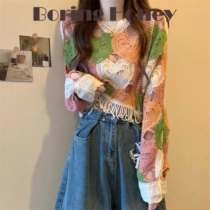 

Boring Honey New Design Feels Crocheted Hollow T-Shirt Tassel Loose Sweater Top Fashion O-Neck Bat Sleeve Long Sleeve Top Women