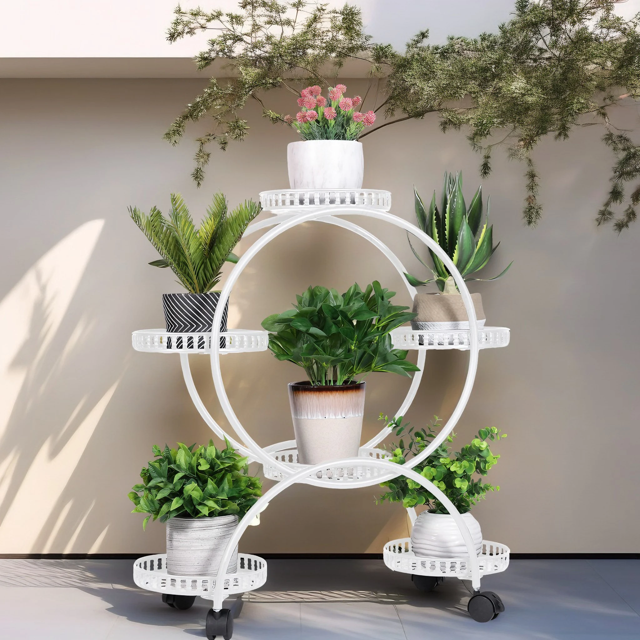 6 Potted Metal Plant Stand Garden Cart Flower Pots Rack Holder Display Shelf with Wheels for Patio Porch Balcony Decoration