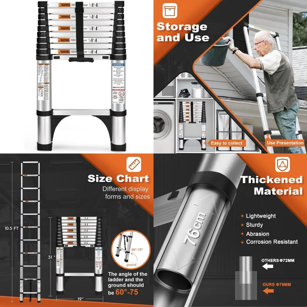 アルミ製伸縮はしご、10.5フィート、ボタン式格納、三角形スタビライザー2個付き、様々な用途に