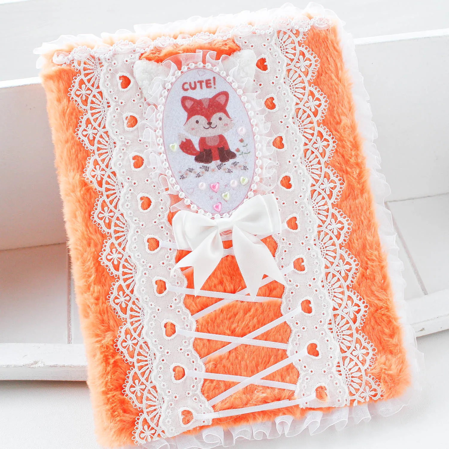 A5 Cute Plush Kpop Binder Photocard Storage Book Stationery  Album Orange Kawaii Fox Lace Style Collect Book Ring Binder