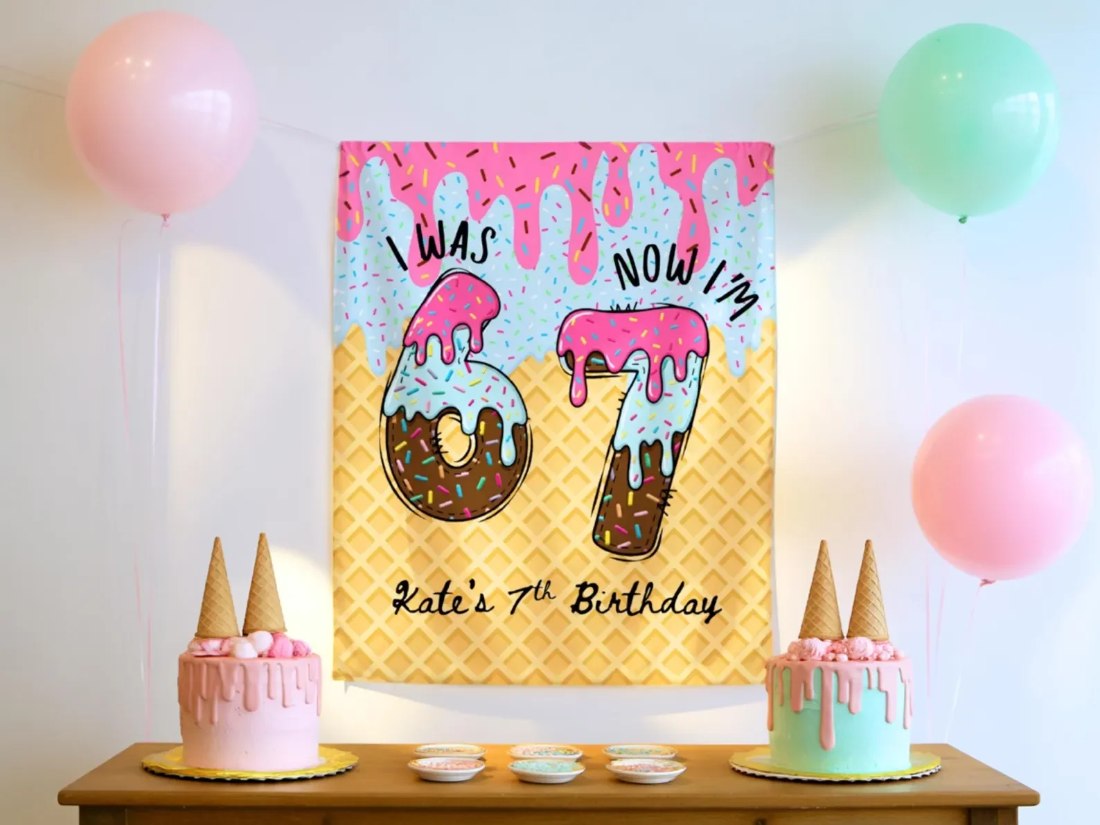 Personalized 7th Birthday Backdrop Custom Name Was 6 Now I'm 7 Ice Cream Donut Kids Party Photo Booth Wall Hanging Decor