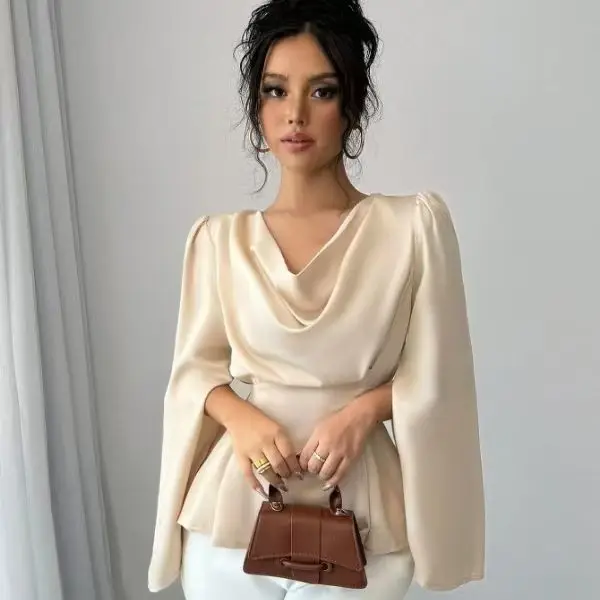 

French Style Satin Blouse Women Elegant Draped Neck Long Sleeve Shirt Summer Tie-Waist Crop Top Luxe Office Chic Outfit Trendy