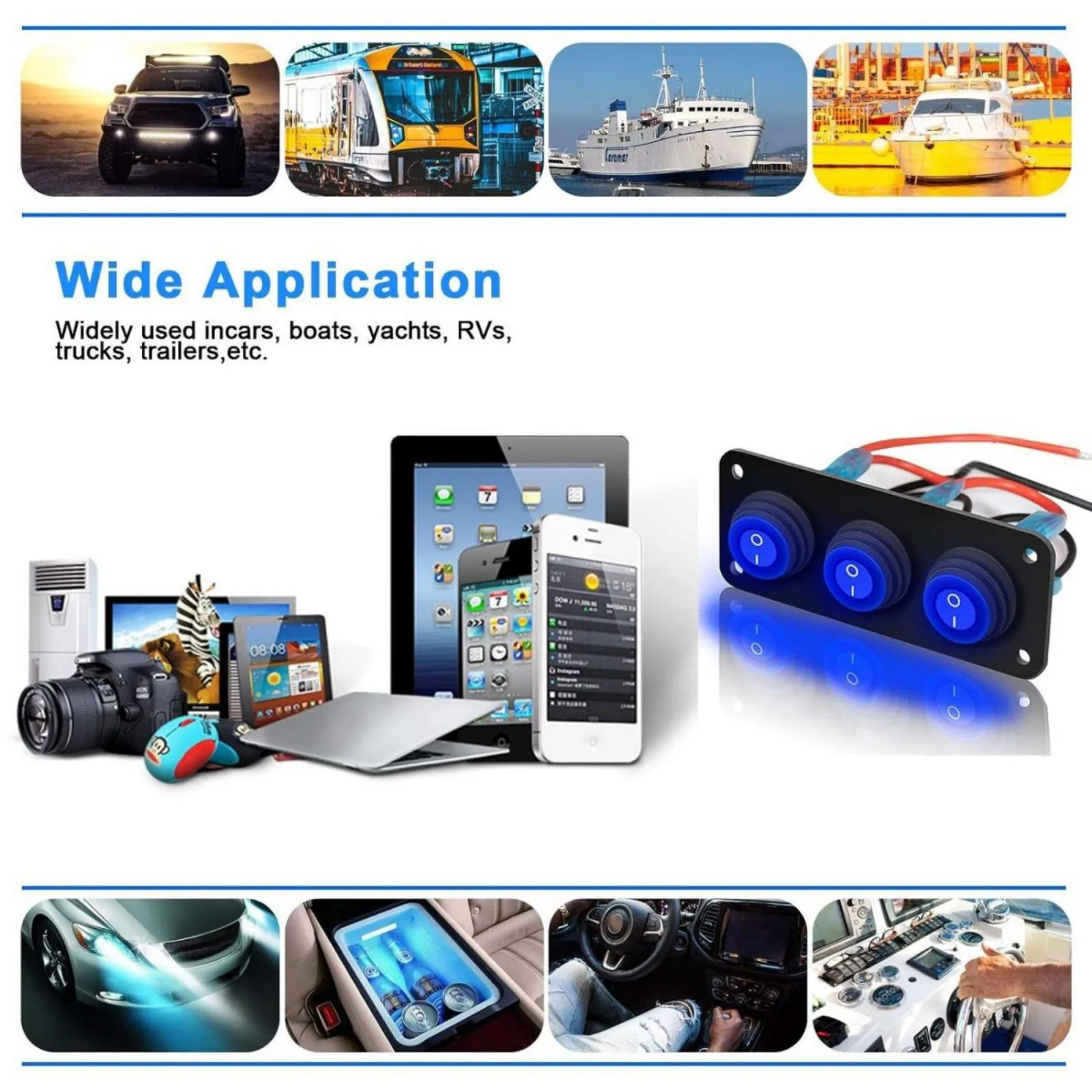 3 Gang 12V 24V 20A Rocker Switch Panel with Pre-wired Harness and Blue LED Light, ON/OFF Toggle Switch Box for Car RV Truck Boat