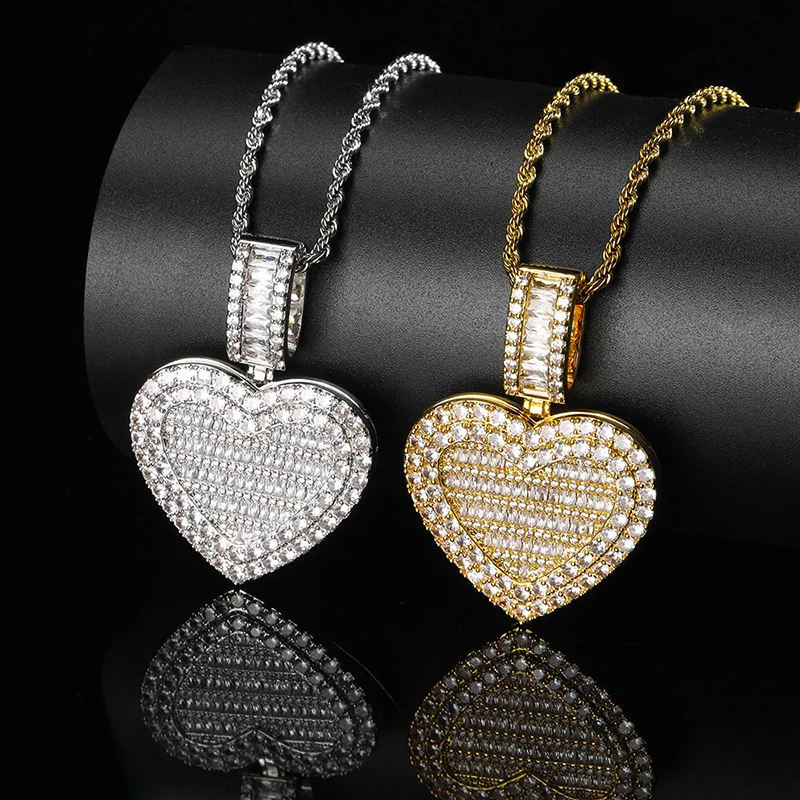 Hip Hop Micro Paved Cubic Zirconia Iced Out Bling Heart Shape Photo Frame Pendants Necklace For Men Women Lovers Rapper Jewelry