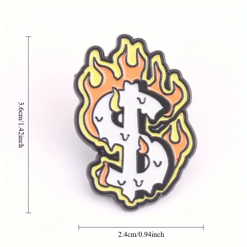 Inferno Fortune Emaille-Anstecknadel – flammendes Dollarzeichen mit Gelb/Orange-Feuerburst auf Stark White Base, kontrastreicher Reichtumsschmuck – Detail 4