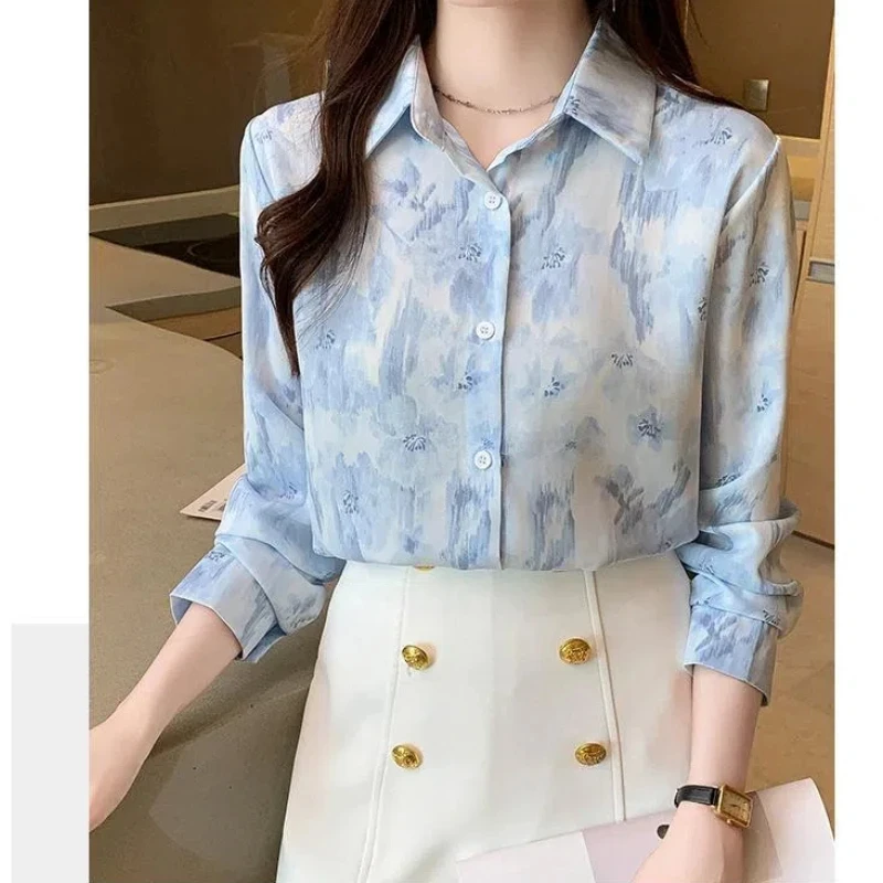 Spring Autumn Tie Dye Turn-down Collar Chiffon Button Lantern Long Sleeve Cardigan Shirt Casual Loose Fashion Elegant Tops