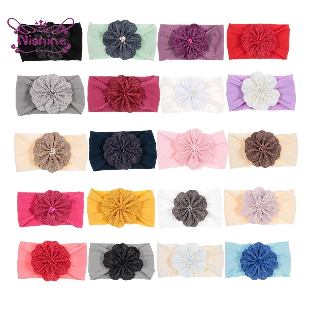 1PCS Baby Girls Fabric Flower with Stamen Nylon Headband Knot Elastic Newborn Toddler Turban Headwraps Kids Hair Accessories