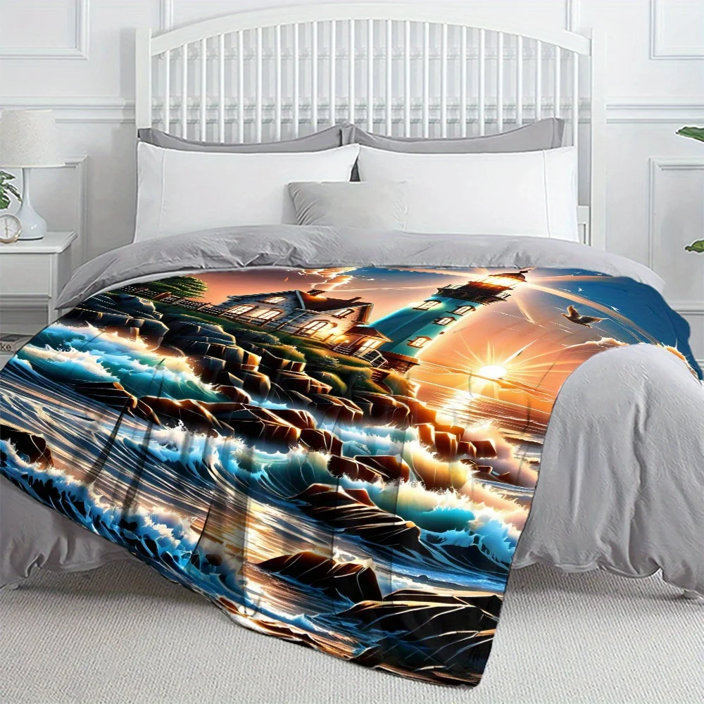 Nautical Lighthouse Ocean Sunset Coastal Beach Blanket Throw Home Decor Gift for Lovers Waterproof Nautical Mural Art Indoor