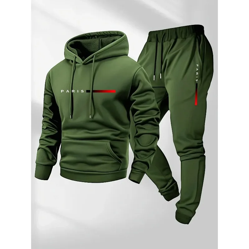 Set pakaian olahraga pria musim gugur dan musim dingin dengan motif huruf, hoodie dan celana, hangat dan tahan angin.
