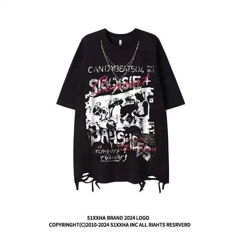 

Hip-Hop Vintage Rock T-shirt Design Short Sleeve Men's Summer Trendy Heavy Necklace Decoration Distressed T-Shirt
