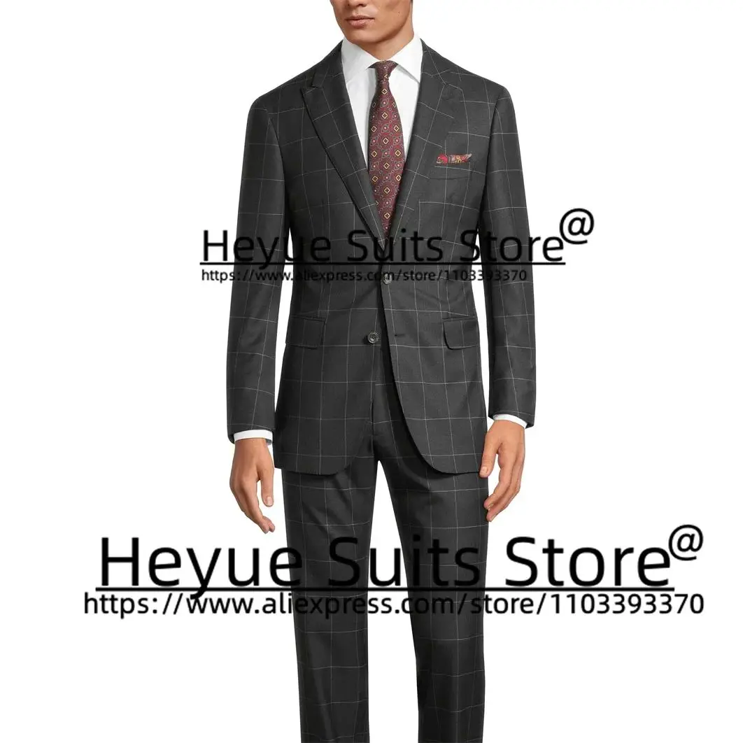

Tailor Made Dark grey Plaid 2 Pcs Sets Business Slim Fit Men Suits Groom Wedding Tuxedos High Qubilty Male Blazers Costume Homme