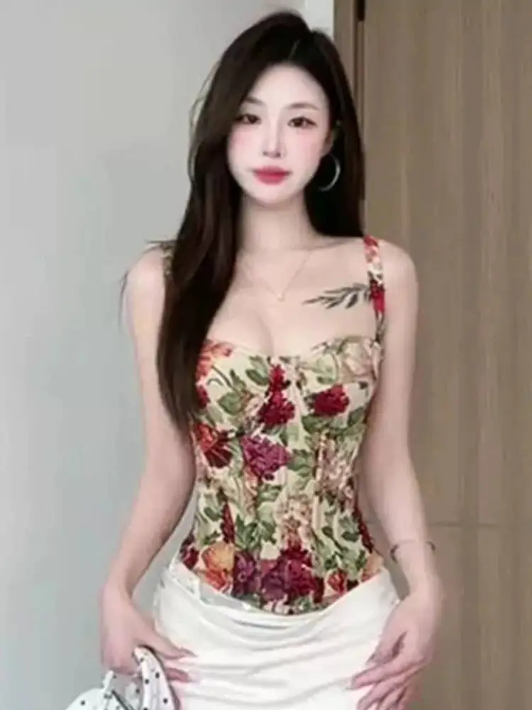 

Street Flower Print Monet Oil Painting Fishbone Tank Bralette Crop Top Tight Gathering Corset For Women Vest Fashion Top JJB8