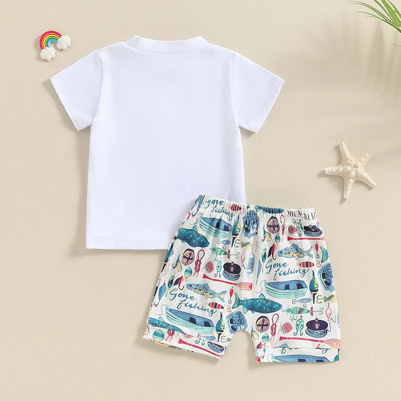 Baby Boy Fish Outfit I m Going Fishing With Daddy Short Sleeve T-Shirt Fish Print Shorts Set Toddler Summer Clothes