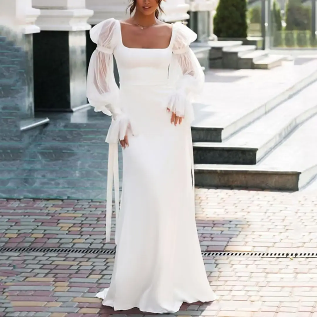 Women's Wedding Dresses Square Neck Long Sleeve Slim Floor-Length Wedding Dresses  For Wedding Bridesmaid Birthday Holiday 1062