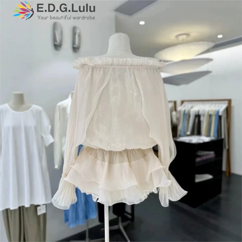 EDGLuLu Design Irregular Ruffl Sweet Party Dress Drawstring Square Collar Flared Sleeves Mini Dress +Shorts 2 Pieces Outfit 0424