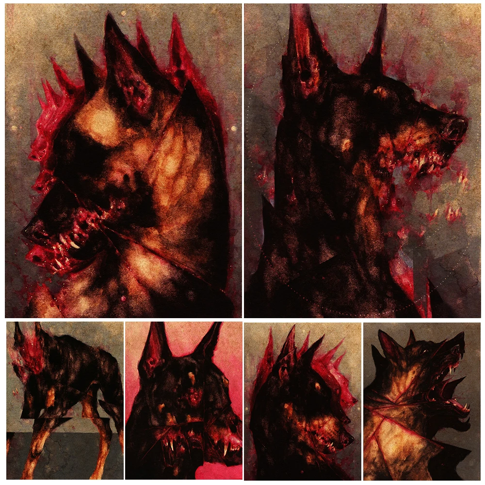 Creepy Broken Hound Portrait Vintage Wall Art Canvas Painting Abstract Horror Animal Art Poster Print Home Decoration Unframed