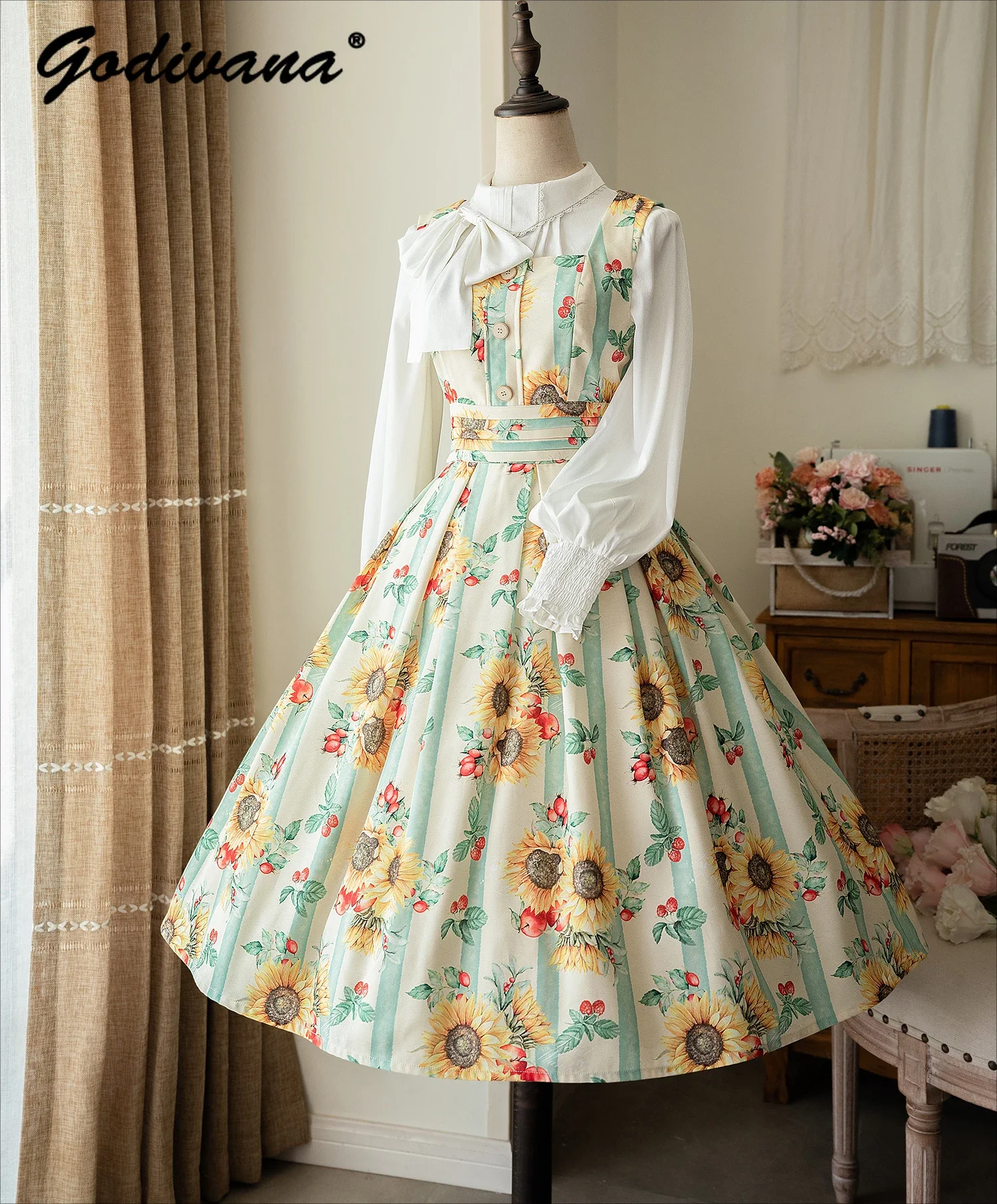 Original New Autumn and Winter Retro Classic Flower Printed Sleeveless JSK Dress Lolita White Blouse Women's Elegant Dress Set