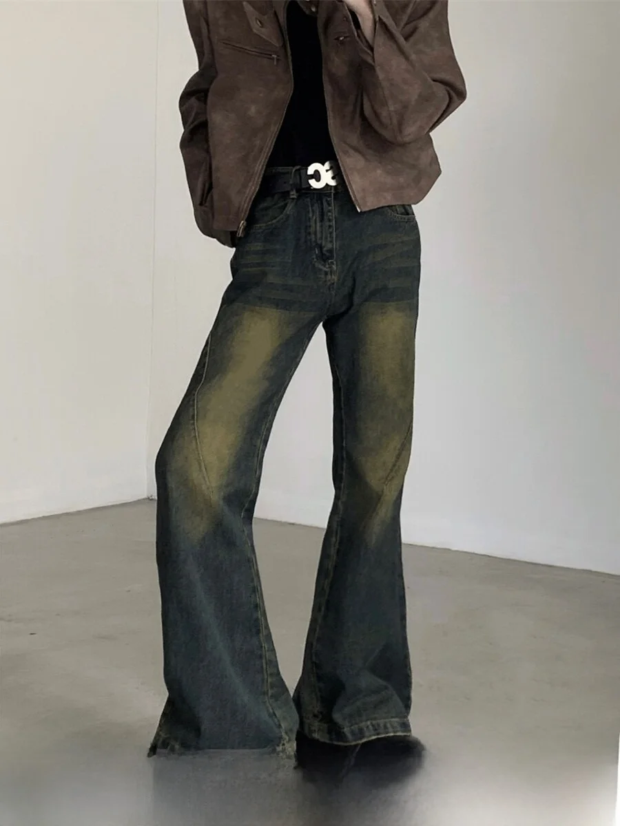 High Waist Straight Leg Vintage Washed Denim Jeans Men's Micro Flared Pants Youth Casual Fashion Fall Season Non Ironed