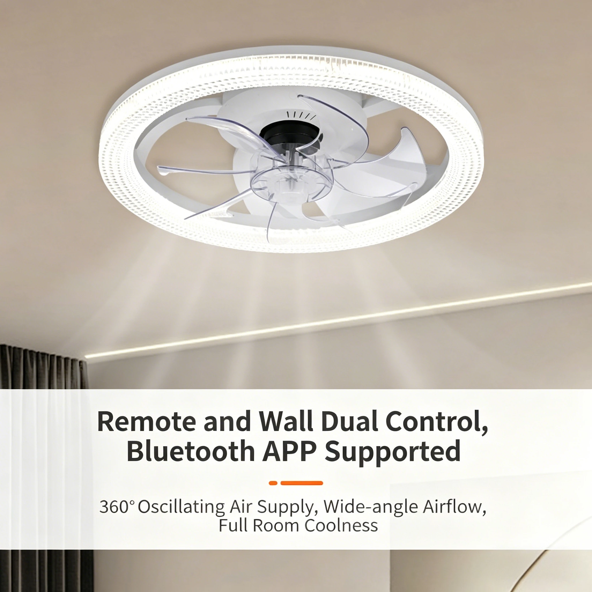 Ceiling Fan with Light 360° Oscillating, Remote & Wall Control, Bluetooth APP, 3-Color Dimmable LED Fan Light for Bedroom
