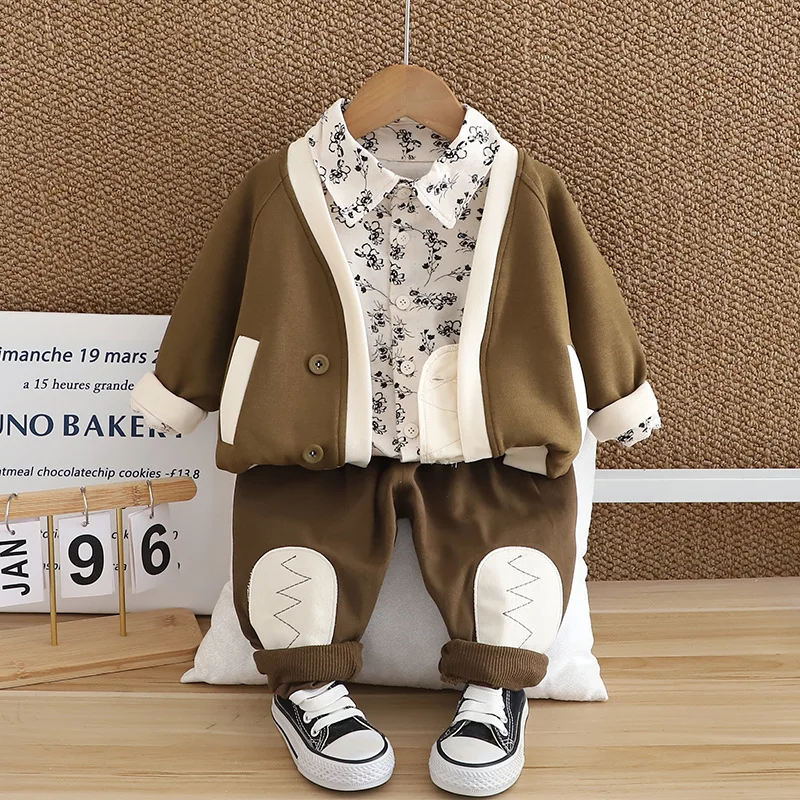 Spring autumn 2024 toddler boys 3PCS Clothes set floral cotton shirts letter coat patched pants suit kids baby boys outfits