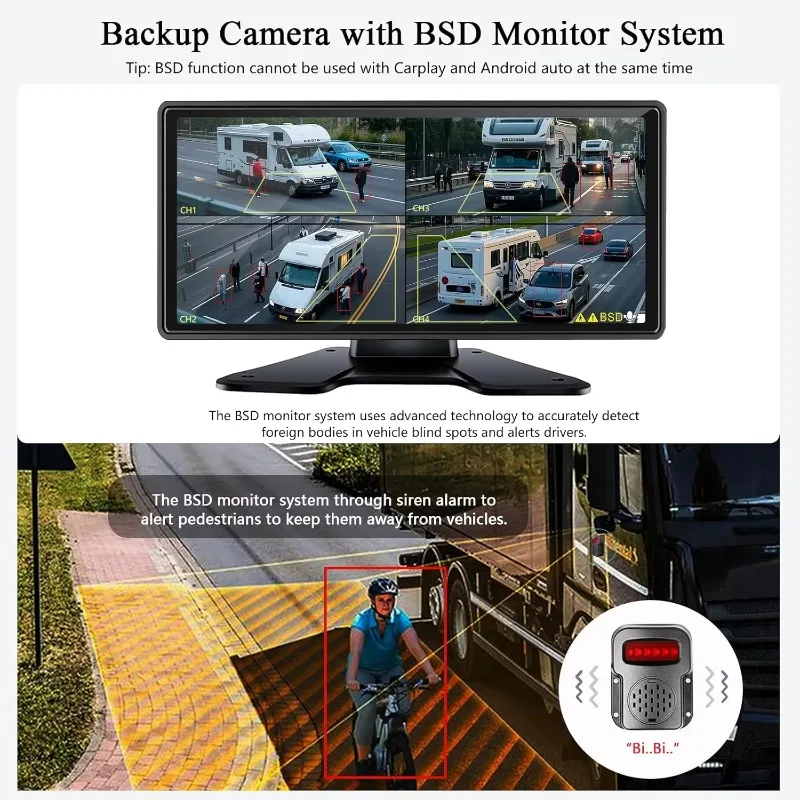 10.36 Inch Touch Screen DVR Monitor with Carplay Android Auto System 360 View 4 1080P Side Rear View Backup Cameras Rv