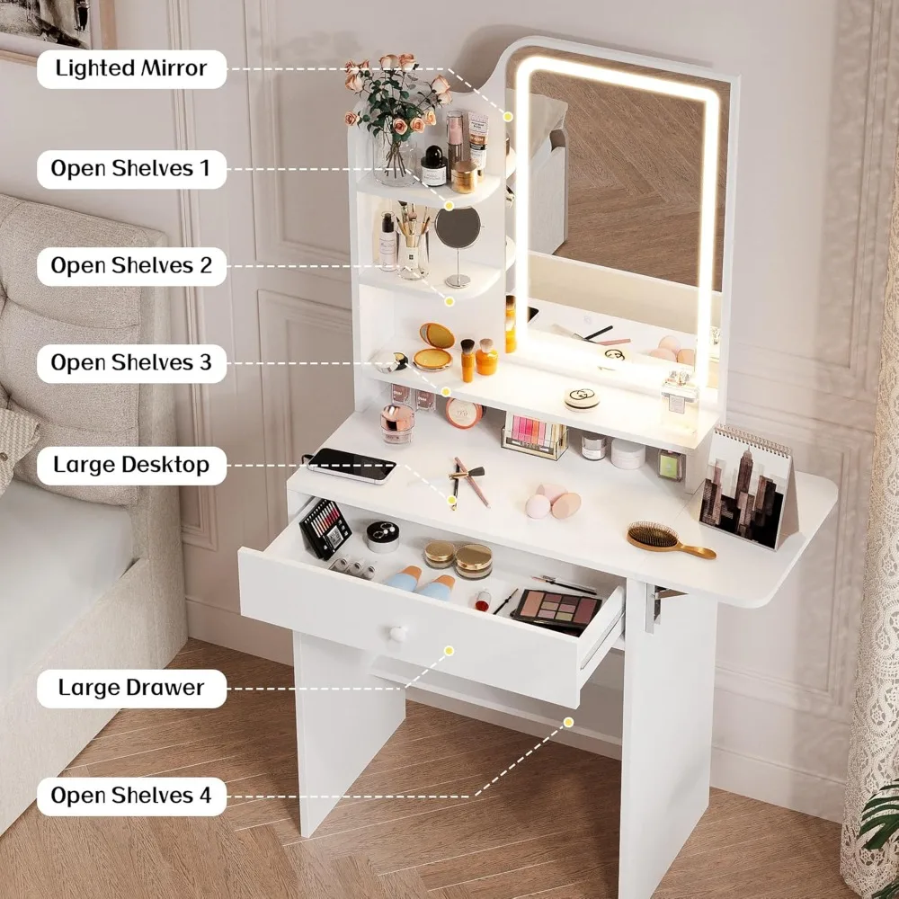 Piccola toeletta con specchio e luce, toeletta con stazione di ricarica, toeletta compatta con scatola portaoggetti