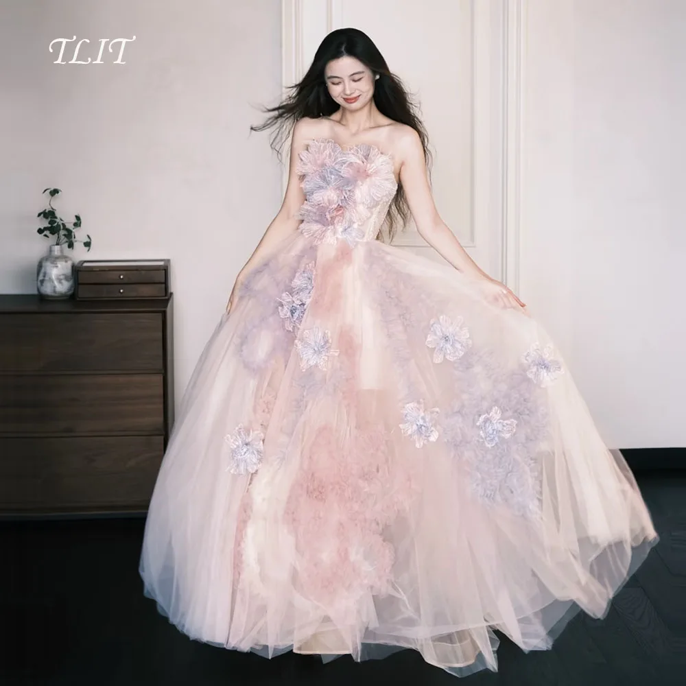 

TLIT Fairy Candy Color Tulle Evening Dress Korea Wedding Dress Photo Shoot Strapless Appliques Flowers Prom Gowns Customized