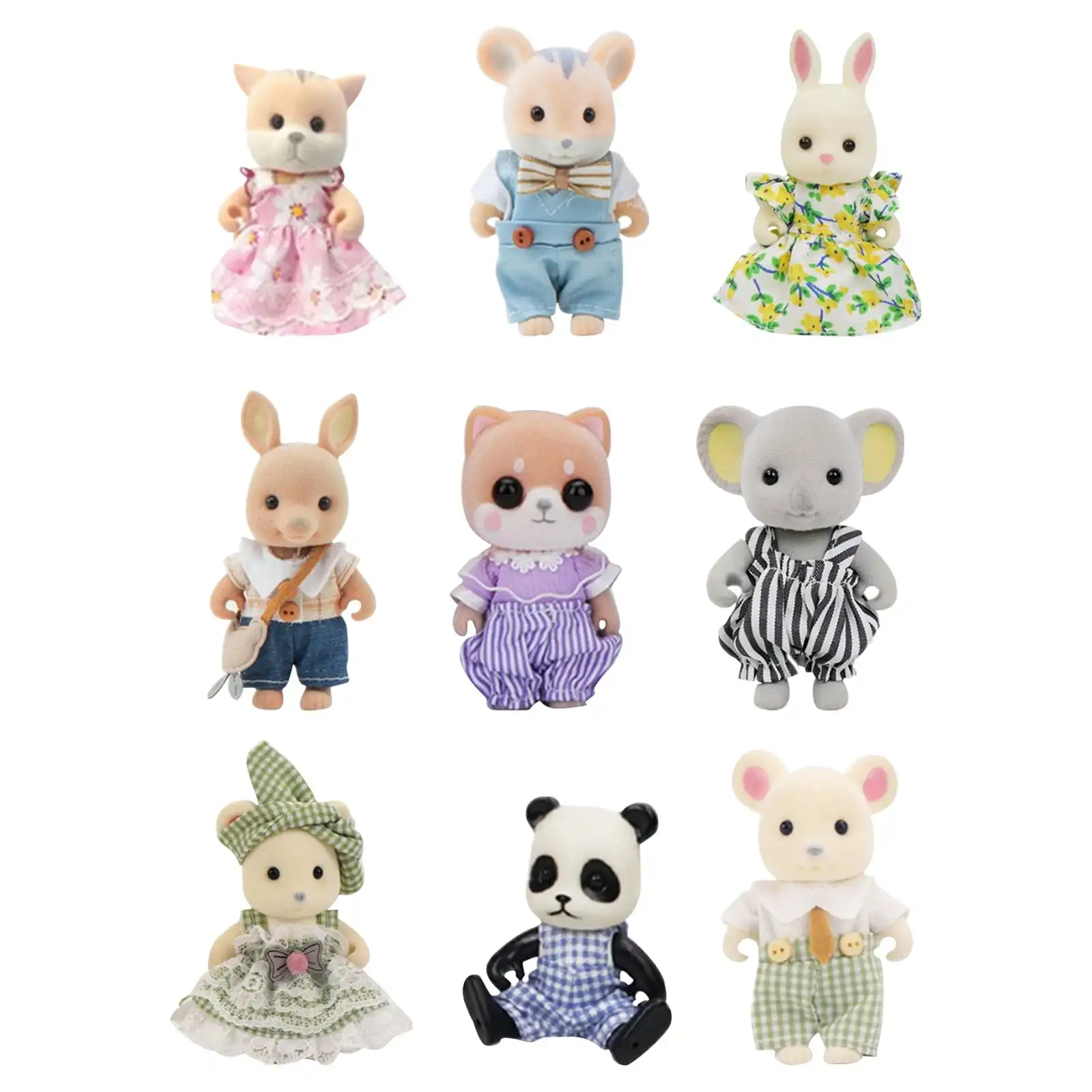 Mini Flocked Animal Family Doll Set Dressed Rabbit Cat Panda Koala Mouse Figures Dollhouse Accessory Pretend Play Collection Toy