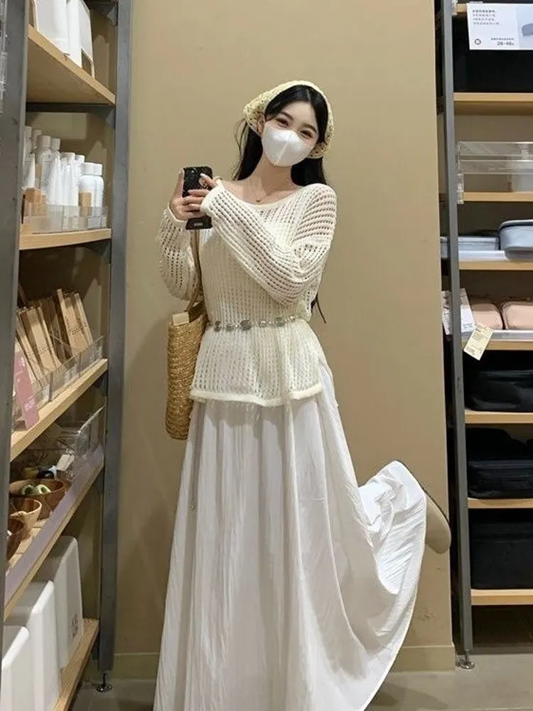 n Sle White Strapl Dr Outfit Summer Travel Set in due pezzi Gentle Korean Sle Long Sve round Ne Dr