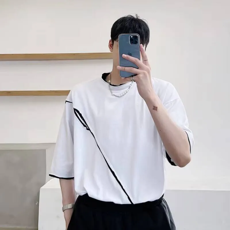 Loose Color Summer Splicing Sleeves Short Personality Men's Trend Korean Version Of The Simple Dividing Line Large Size T-Shirt