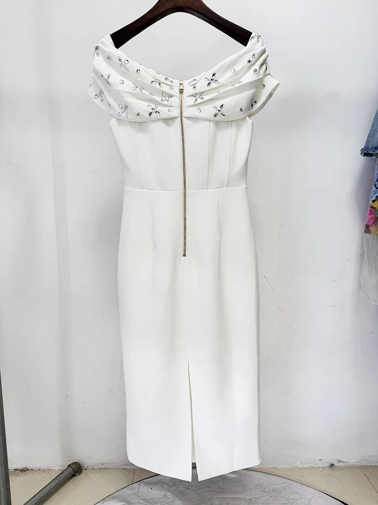 النمط الفرنسي الأنيق الاجتماعي الماس خارج الكتف مثير فساتين طويلة عالية الخصر سليم صالح Bodycon فستان الحفلات المسائية للنساء