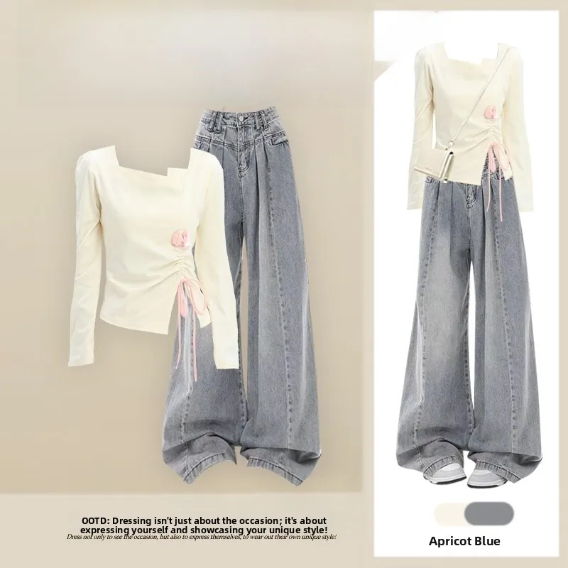 

Spring Casual Set Women's Korean Style Age-Defying Long Sleeve T-Shirt Top with Vintage Slimming Wide Leg Jeans Two-Piece Set