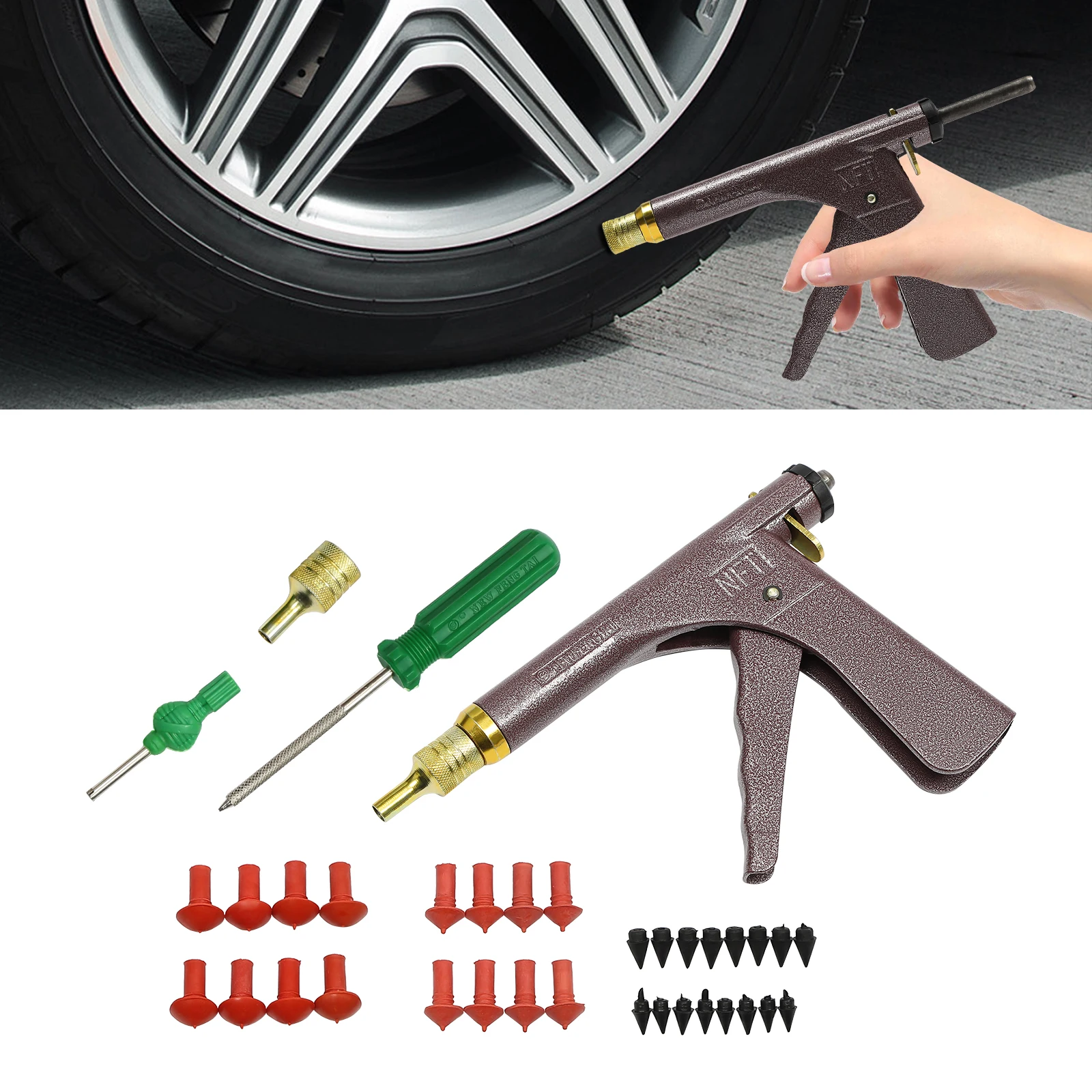 Kit di Riparazione Pneumatici Auto Senza Camera d'Aria con Pistola per Riparazione Forature e Tappo a Fungo per Moto, Camion, Scooter, SUV