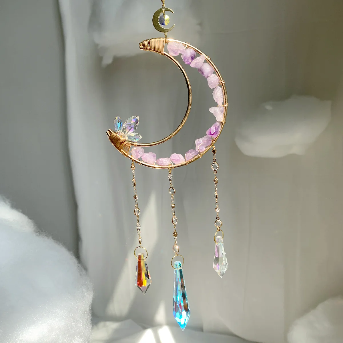 Wholesale high quality natural crystal sun catcher moon sun catchers amethyst moon suncatche wind chimes