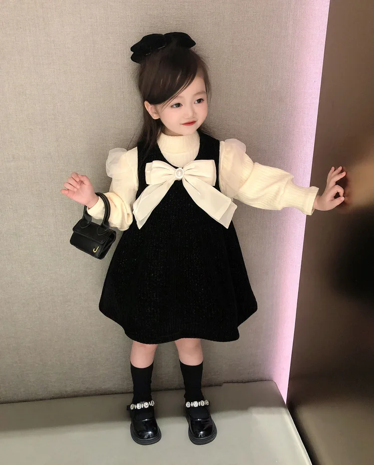 Mädchen Langarm Weiches Tüll-Prinzessinnenkleid Kinder Puffrock Zweiteiliges Innenset Atmungsaktives Bequemes Babykleid Casual – Detail 2