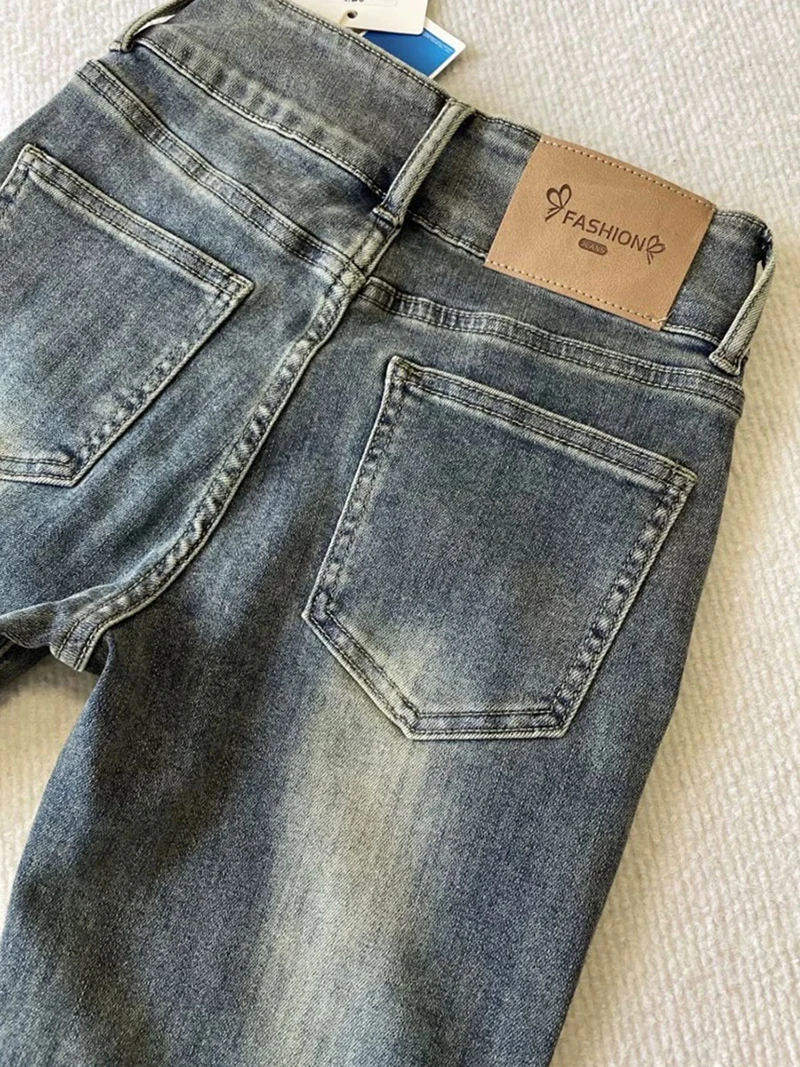 여성을위한 미국 복고풍 스트레치 청바지 봄 가을 하이 웨이스트 슬림 피트 플레어 바지 세련된 캐주얼 여성 데님 바지