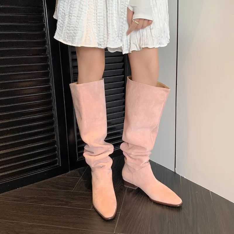 MKKHOU Fashion Knee Length Women Boots New High Quality Frosted Leather Pointed Pleated Low Heel Long Boots Four Seasons Boots