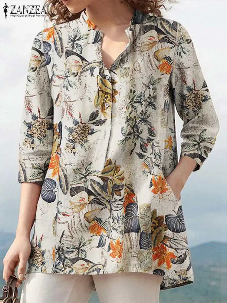 ZANZEA-Blusa holgada de algodón con estampado Floral para mujer, camisa informal de manga 3/4 con cuello en V, Estilo Vintage, para el trabajo,