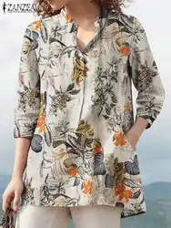 Zanzea bohemian Sommer floral bedruckte Tops Frauen Vintage Bluse Baumwolle Blusas lässig V-Ausschnitt 3/4 Ärmel ol Arbeits hemd übergroß