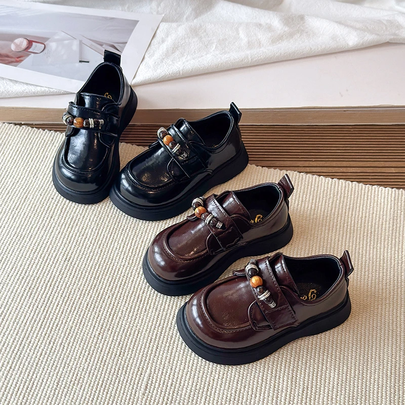 Children's Shoes for Girls Autumn Mary Jane Loafers Anti Slip Thick Bottom Korean Style with Retro Beads Versatile School Shoes