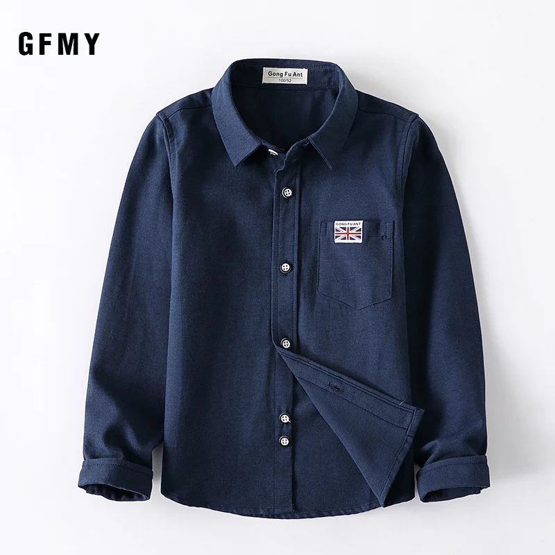 GFMY 2020 New Spring Autumn Oxford Textile Full Sleeve Solid Color Blue boys White Shirt 3T-14T Kid Casual  School Clothes 801