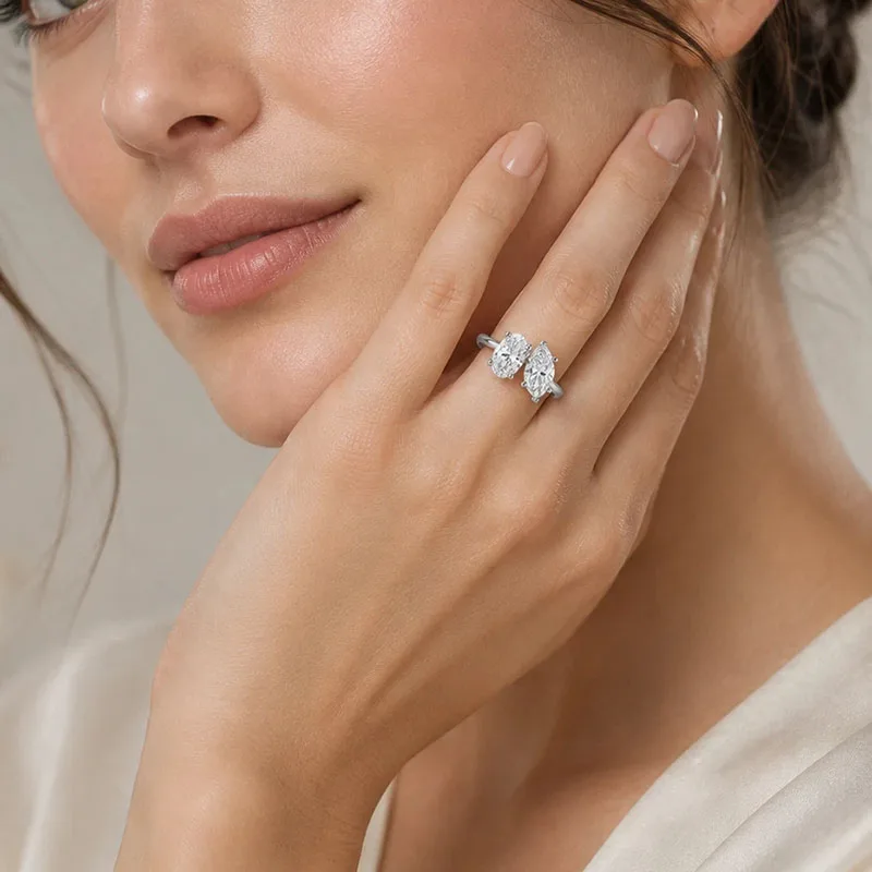 IGI Toi et Moi Ring, 2 Karat, ovaler und markisförmiger, im Labor gezüchteter Diamant, EF VS–VVS, Pt950, zweiteiliger Verlobungsring, edler Schmuck für Damen, Geschenk. – Detail 7