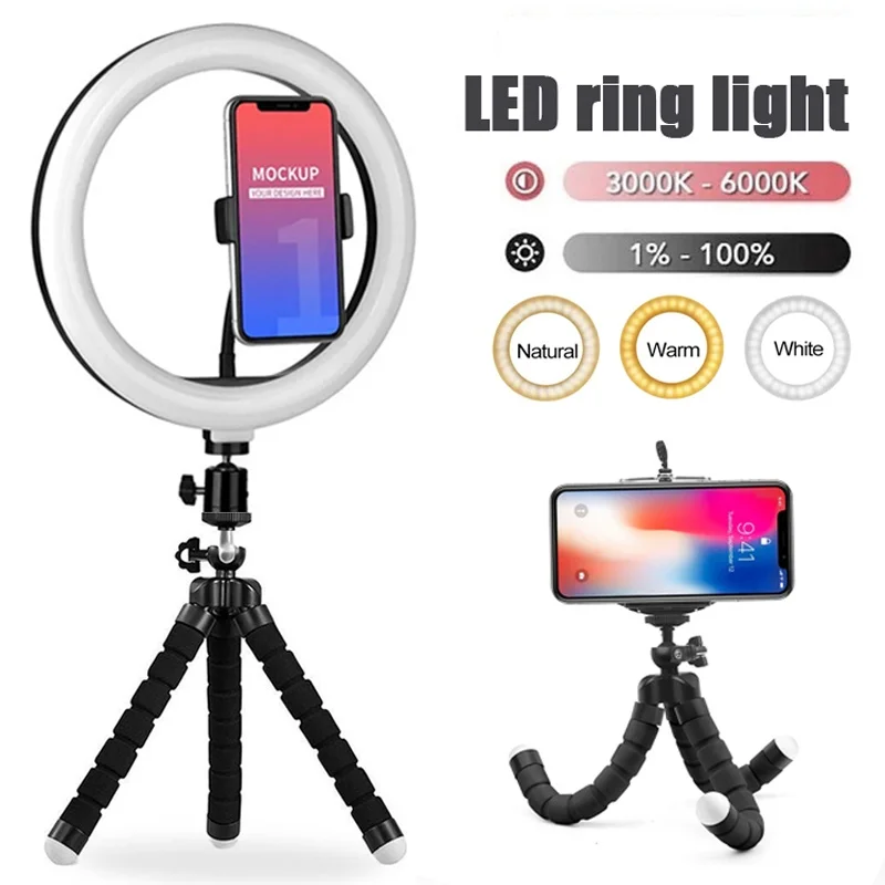 Anillo de luz LED de 10 pulgadas, iluminación para fotografía, luz de anillo para teléfono con soporte de trípode, lámpara de relleno redonda para teléfono, lámpara para Selfie de vídeo en vivo