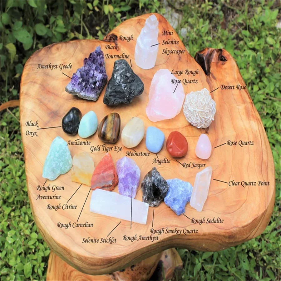 Beginners Crystal Kit, 20 pcs - Chakra Protection Healing Sets PLUS Natural Rough & Tumbled Crystal Specimens Healing Crystals