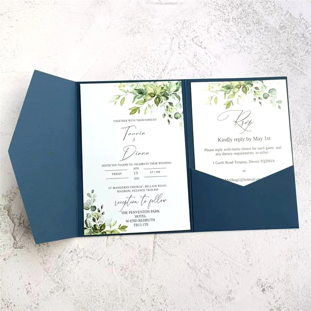 Huwelijksuitnodiging Pocket Fold Envelop Marineblauw Mat Papier 250gsm voor Verjaardag Jubileum Sweet 16 Iquinceañera 50 stuks
