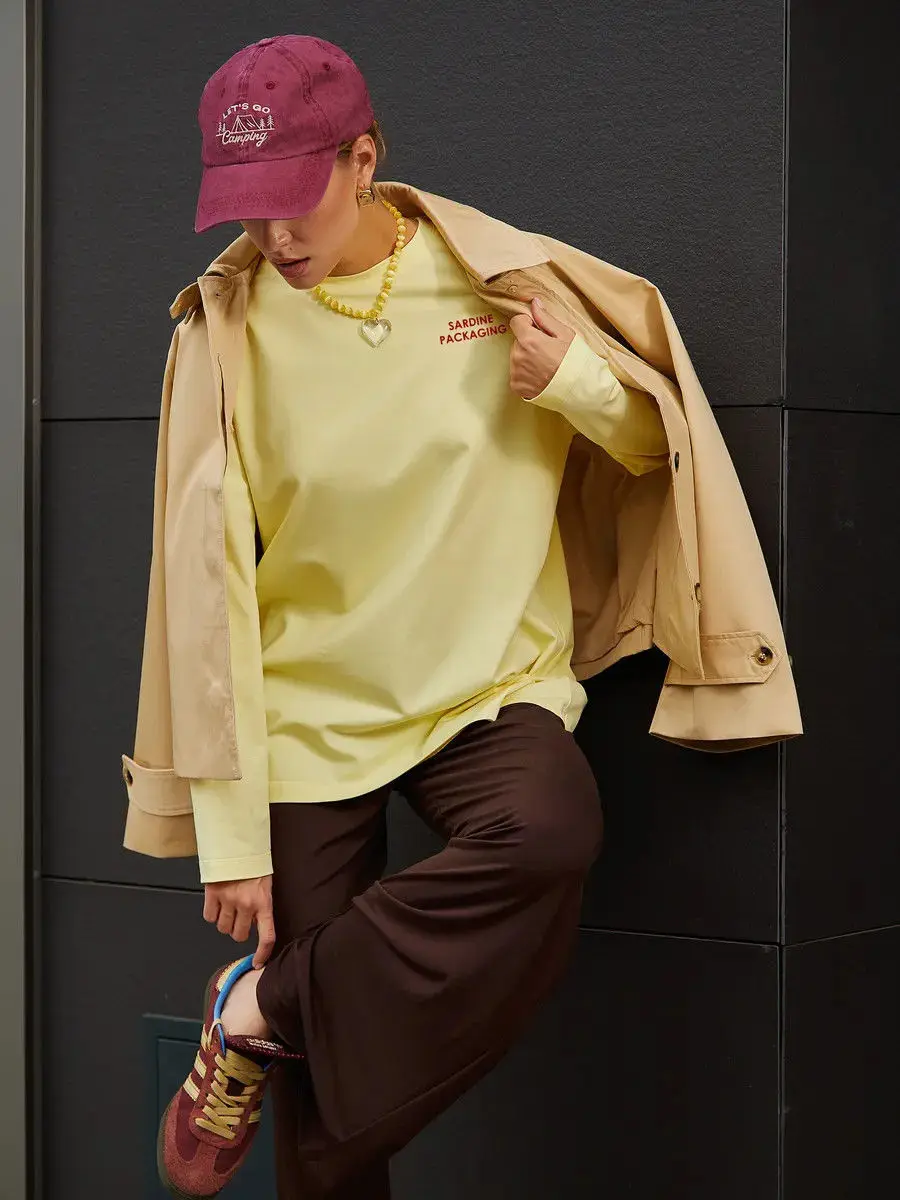 Słodkie damskie koszulki morelowe Śliczne sardynki Retro Czysta bawełna Długi rękaw Cienka bluza Jesienne modne topy Kawaii Duży rozmiar Y2K