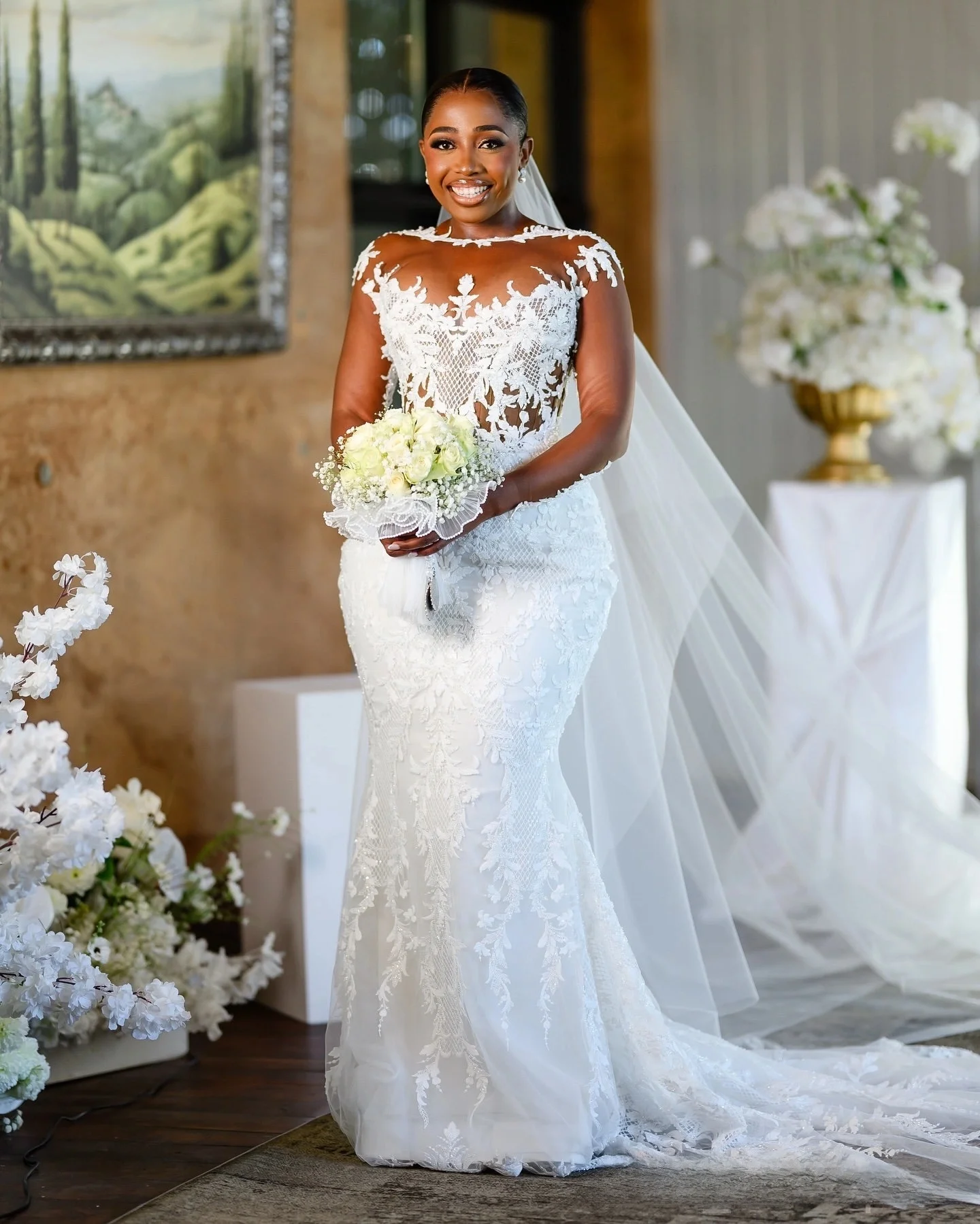 Maßgeschneidertes Meerjungfrau-Hochzeitskleid mit transparentem Ausschnitt und durchsichtigen Spitzenapplikationen in Übergröße mit langen Ärmeln, Land-Vestido Noiva-Brautkleid