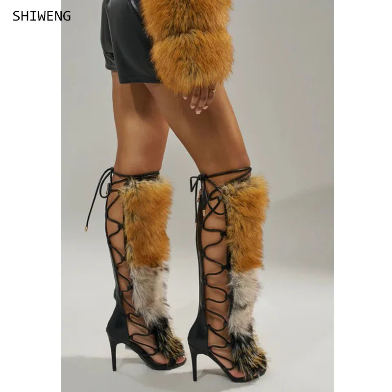2026 Brown Fur Belt  Long Sandals For Female Sexy Strappy Romen Thin High Heels Furry Shoes Woman Party Back Zipper Shoes 44
